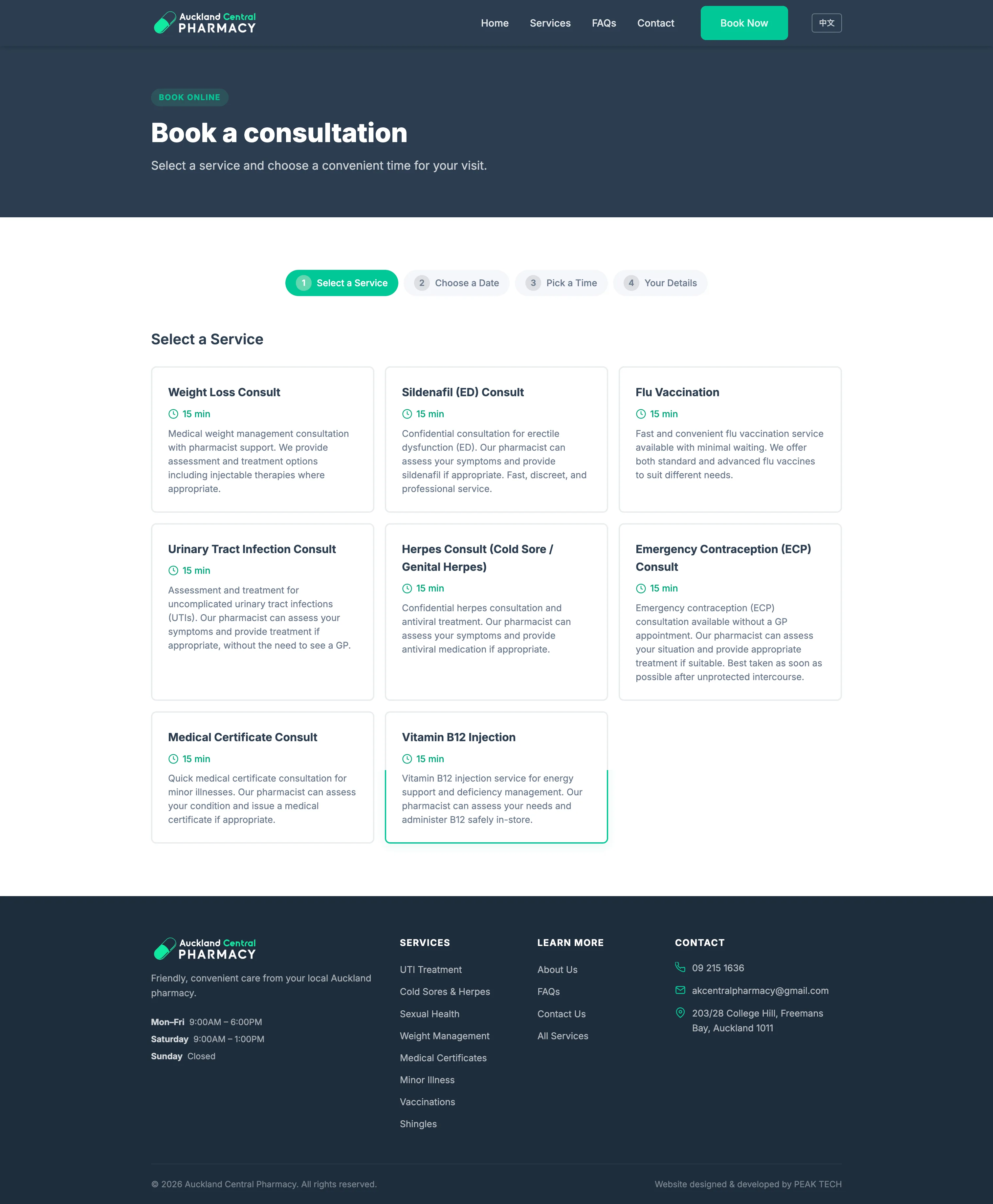 Auckland Pharmacy booking page