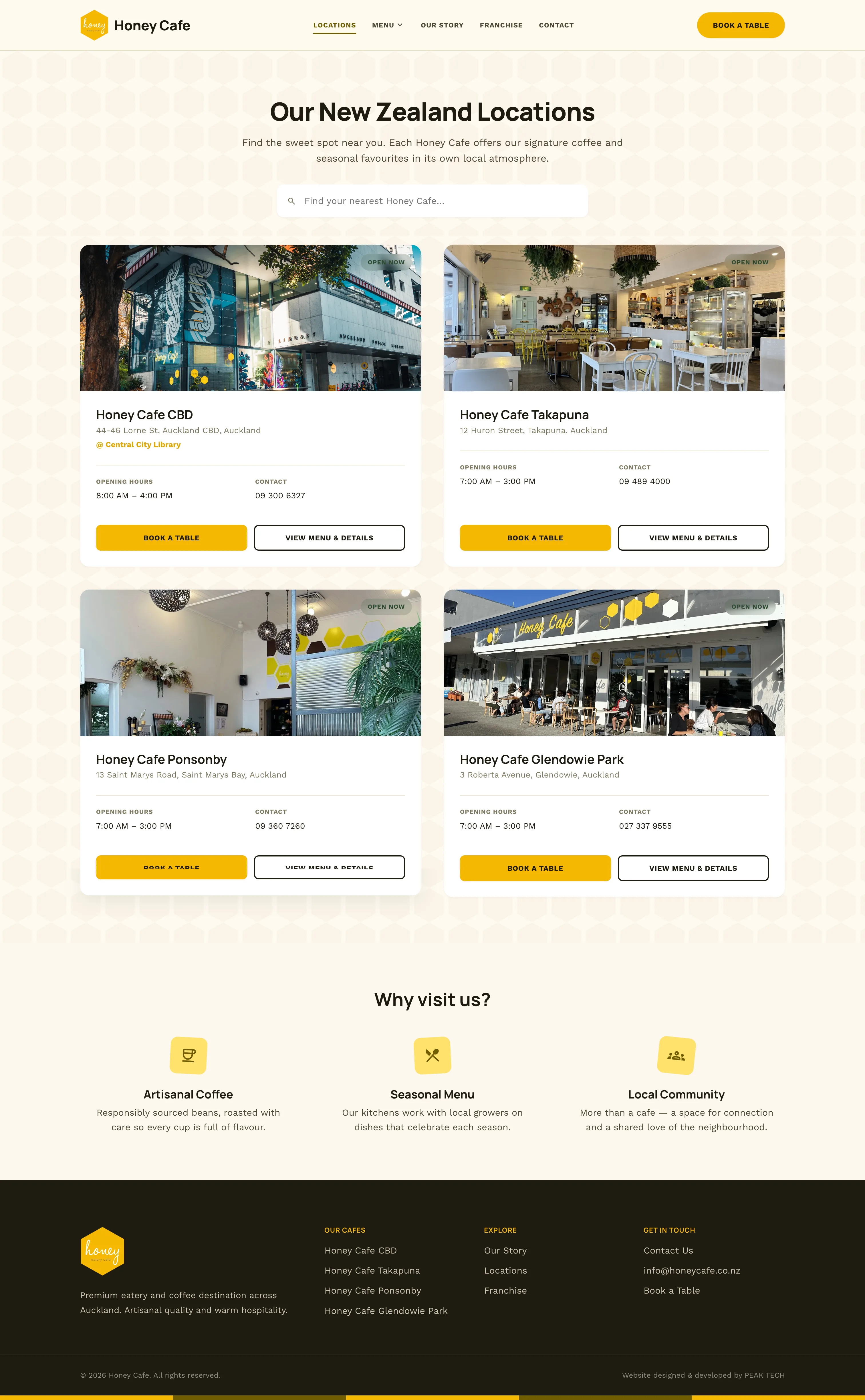 Honey Cafe locations page