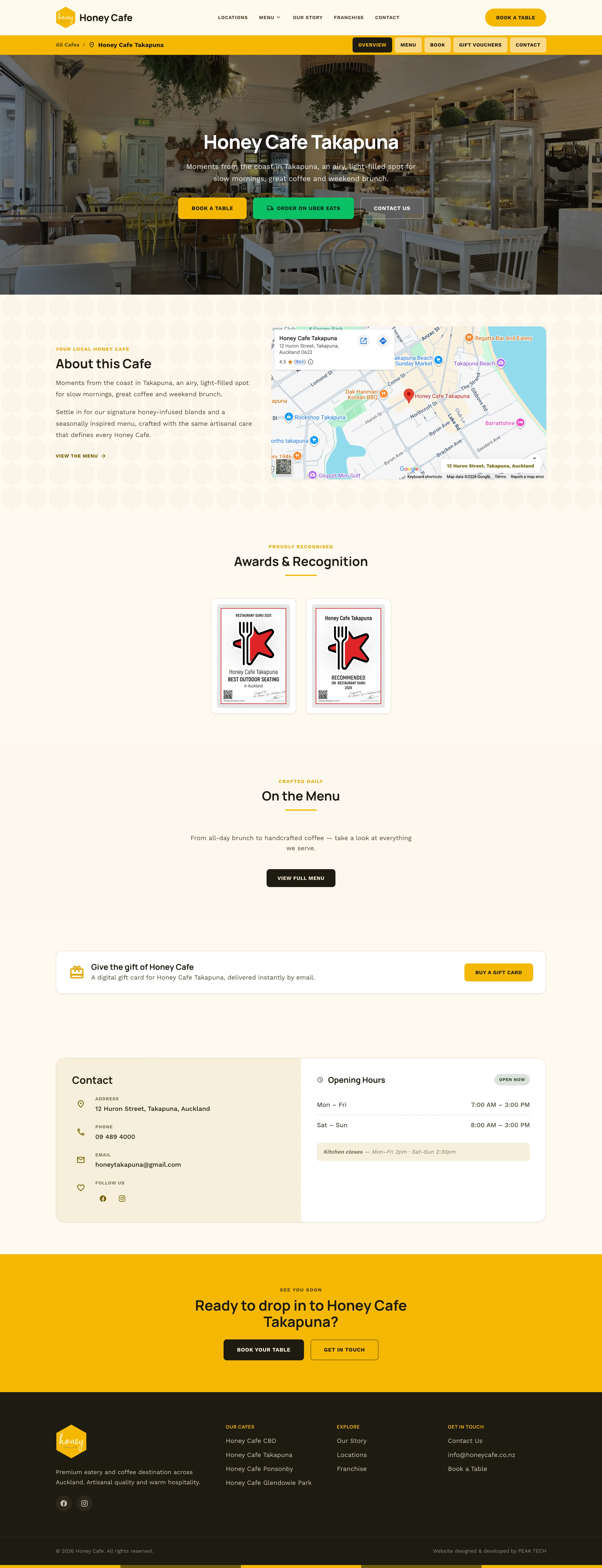 Honey Cafe Takapuna branch page