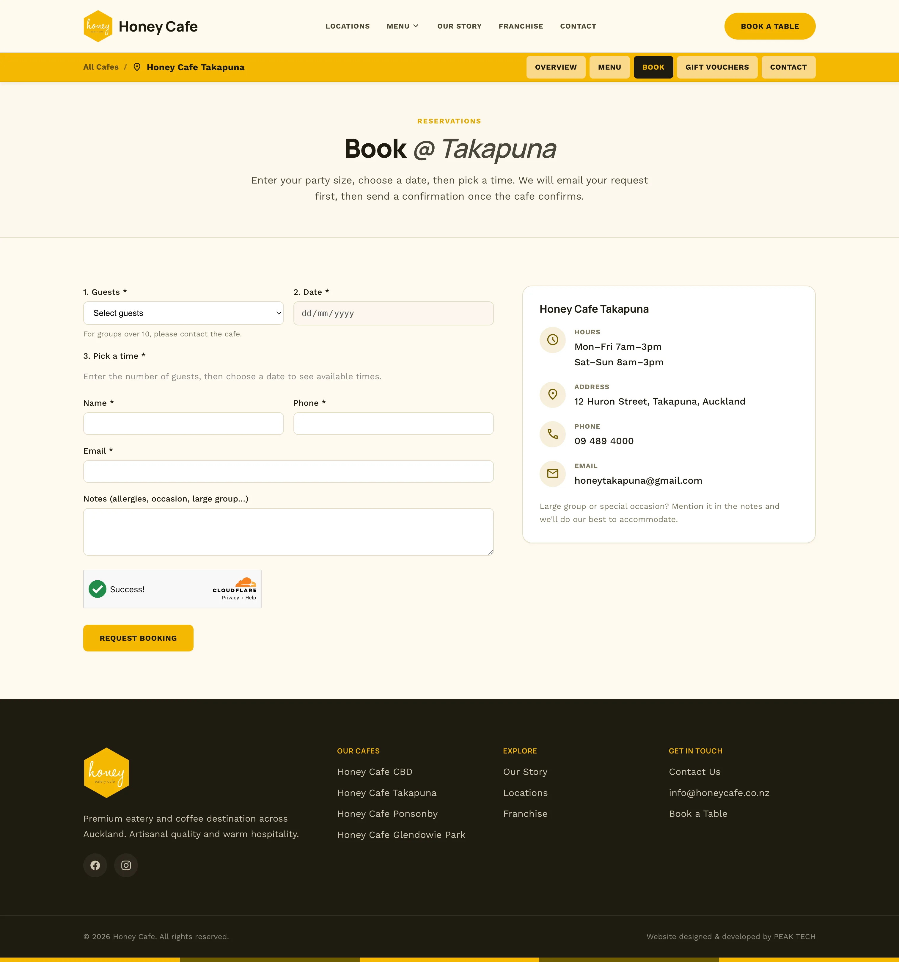 Honey Cafe Takapuna booking page